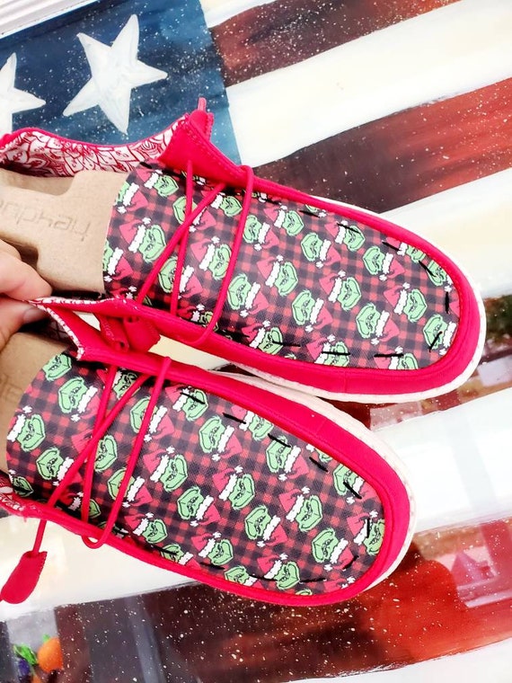 The Mean Green One Christmas Plaid Custom Hey Dudes Shoes Dude Stole Christmas Women's Womans