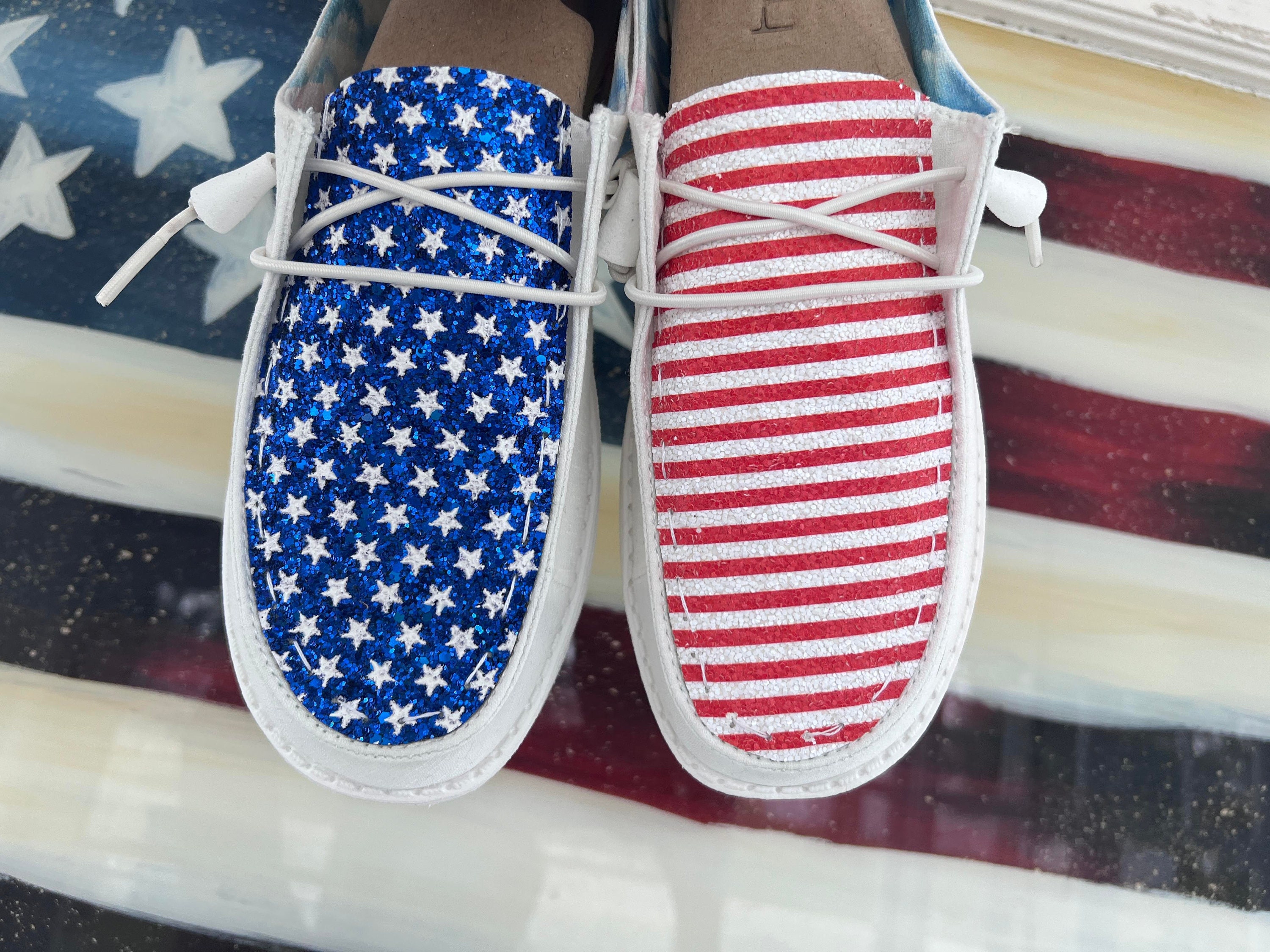 Patriotic stars and stripes flag GLITTER Hey Dudes Custom Hey dude