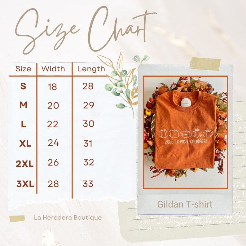 Puede incluir: Tabla de tallas para una camiseta con un gr&aacute;fico de calabaza y el texto "&iquest;QU&Eacute; TE PASA, CALARAZA?" en espa&ntilde;ol. La tabla muestra el ancho y la longitud en pulgadas para las tallas S, M, L, XL, 2XL y 3XL. La camiseta es de la marca Gildan.