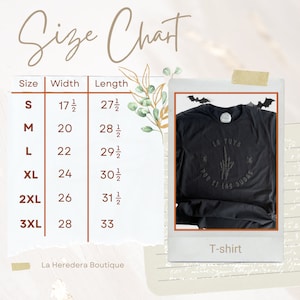 Puede incluir: Tabla de tallas para una camiseta negra con el texto "La Tuya Por Si Las Dudas" en blanco. La tabla muestra el ancho y la longitud de la camiseta en pulgadas para las tallas S, M, L, XL, 2XL y 3XL.