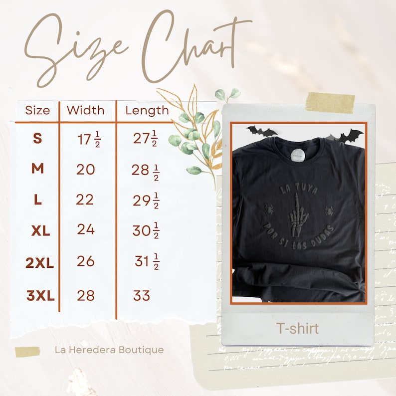 Puede incluir: Tabla de tallas para una camiseta negra con el texto "La Tuya Por Si Las Dudas" en blanco. La tabla muestra el ancho y la longitud de la camiseta en pulgadas para las tallas S, M, L, XL, 2XL y 3XL.