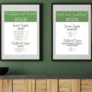 May include: Two framed posters with green backgrounds and white text. The poster on the left is titled "Multiply and Divide Integers" and the poster on the right is titled "Add and Subtract Integers". Both posters explain the rules for adding, subtracting, multiplying, and dividing integers with the same and different signs.
