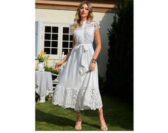 Women's White Spring-Summer Dress - Elegant Lace Belt, Round Neck, Ruffle Sleeves, Unicolor Beach-Ready Long Vestidos, ankle summer dress