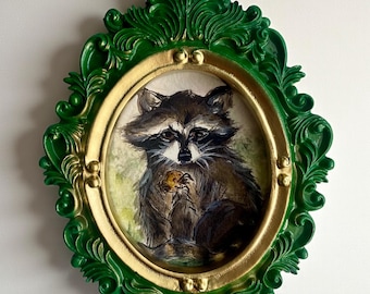 Mini Raccoon Art Print in Ornate Oval Frame, Framed Woodland Animal Wall Art, Vintage Cottagecore Decor, Tiny Wildlife Gift
