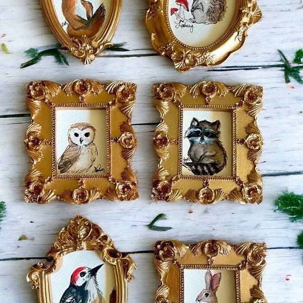 Mini woodland paintings, mini wall art, framed tiny painting, gold leaf frame, owl gifts, ornate frames, Fox art, hedgehog, owl watercolor
