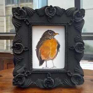 Robin print, Mini framed print, bird painting, American Robin watercolor, floral, country cottage, bird lover, tiny art, bluebird, chickadee
