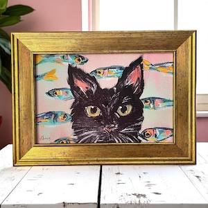 Black Cat Mini Art in Gold Frame – Fine Art Giclée Print, Sardine Cat Illustration, Small Framed Wall Decor