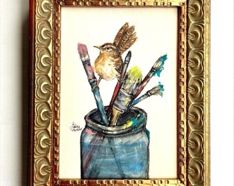Original Carolina Wren Painting, Vintage Framed Bird Art, Watercolor Nature Decor