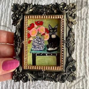 Mini Framed Chinoiserie - Tuxedo Cat Portrait- Fine Art Giclee Print: Red Poppies, Peony - Ornate Framed 5.0 (629)