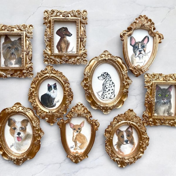 Mini Pet Portrait: Custom Watercolor Painting in Vintage Ornate Frame - Hand Painted Dog, Cat Lovers Personalized Gift, Pet Memorial