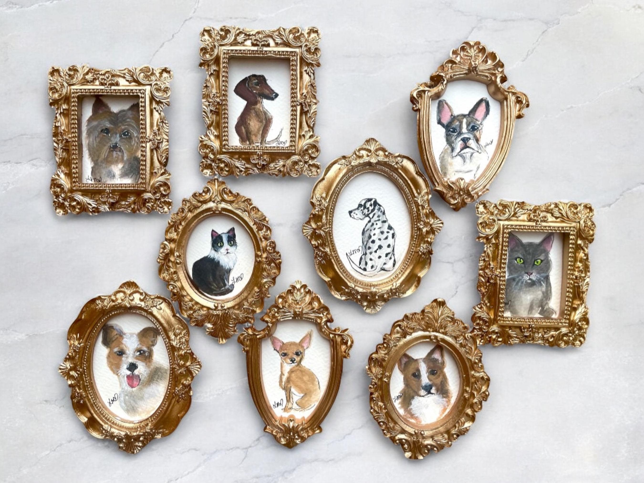 Mini Pet Portrait: Custom Watercolor Painting in Vintage Ornate Frame