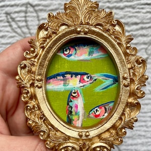Mini Sardine Giclee Print: Whimsical Fish Painting in Gold Leaf Frame image 5