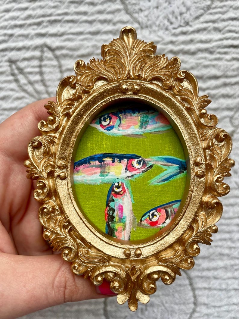 Mini Sardine Giclee Print: Whimsical Fish Painting in Gold Leaf Frame image 5
