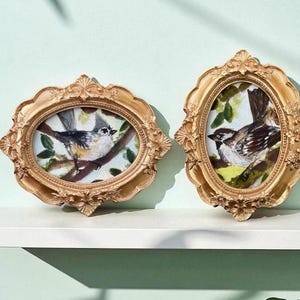 Framed Titmouse/Sparrow Miniature Print: Ornate Gold Frame, Cottagecore Art