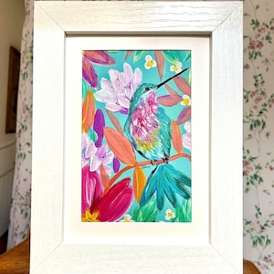 Hummingbird botanical print, Original painting, vintage frame,bird lover, bird art, rustic design, gifts for her, Hummingbird painting,