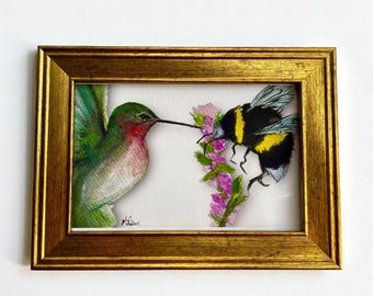 Framed Hummingbird & Bumblebee Giclée Print: Rustic Gold Frame, Signed Art