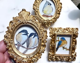 Mini Framed Songbird Art Prints – Chickadee, Bluebird & Tufted Titmouse, Ornate Gold Cottagecore Decor