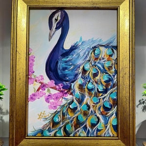 Peacock print, small original bird painting, eclectic, vintage peacock wall art, peacock feather, Victorian, cottagecore decor, feathers,