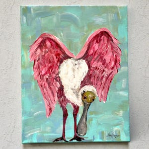 Schilderij lepelaar – originele volkskunst vogelschilderij, in galerij gewikkeld doek, getextureerde acryl, roze lepelaar muurkunst, klaar om op te hangen