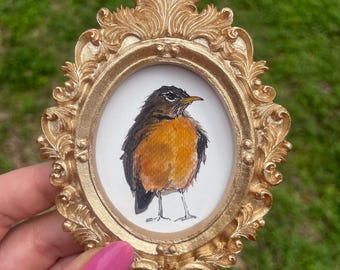 Mini Framed American Robin Giclée • Vintage Oval Gold Frame • Watercolor Bird Art Collectible