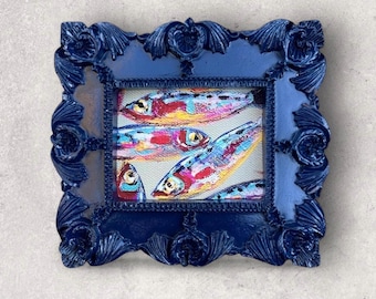 Colorful Sardine Fish Art Print • Mini Framed Giclée in Blue Ornate Frame • Coastal Kitchen Decor • Whimsical Gallery Wall Art
