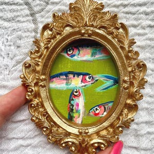 Mini Sardine Giclee Print: Whimsical Fish Painting in Gold Leaf Frame image 3