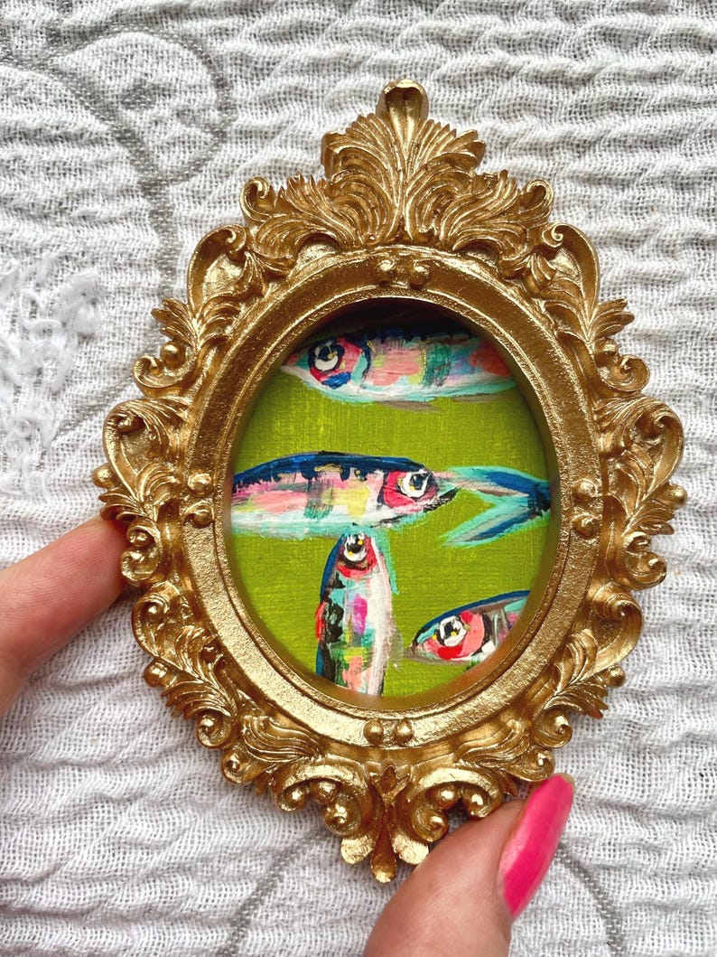 Mini Sardine Giclee Print: Whimsical Fish Painting in Gold Leaf Frame image 3