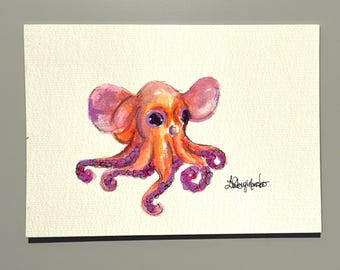 Original Dumbo Octopus Watercolor Painting: Deep Sea Creature Art, 5x7"