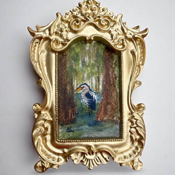 Miniatur Reiher Aquarellmalerei: Louisiana Bayou Kunst in verzierten Goldrahmen