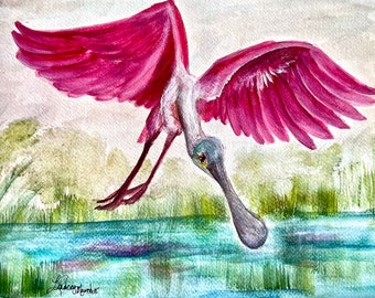 Impression de spatule rosée, aquarelle originale de spatule, art encadré de spatule, amateurs d'oiseaux, cadeaux oiseaux roses, artiste de Floride