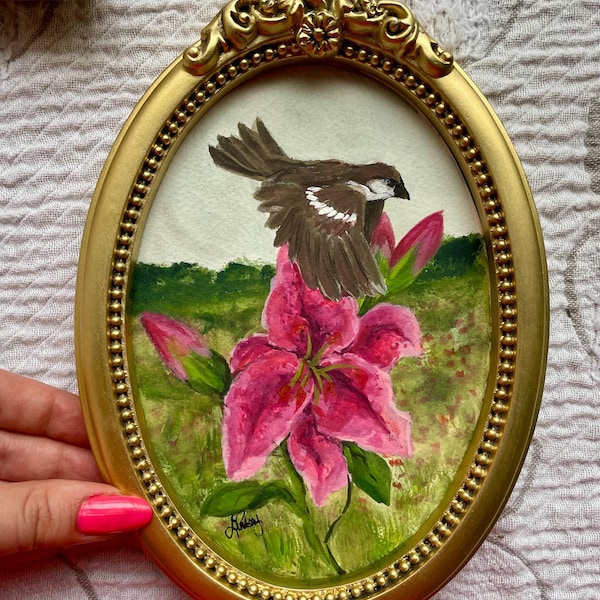 Original Malerei Lilien und Spatz: Blattgold, Aquarell, Vintage ovaler Rahmen