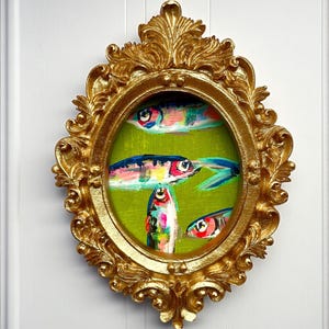 Mini Sardine Giclee Print: Whimsical Fish Painting in Gold Leaf Frame image 1
