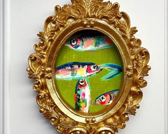 Mini Sardine Giclee Print: Whimsical Fish Painting in Gold Leaf Frame