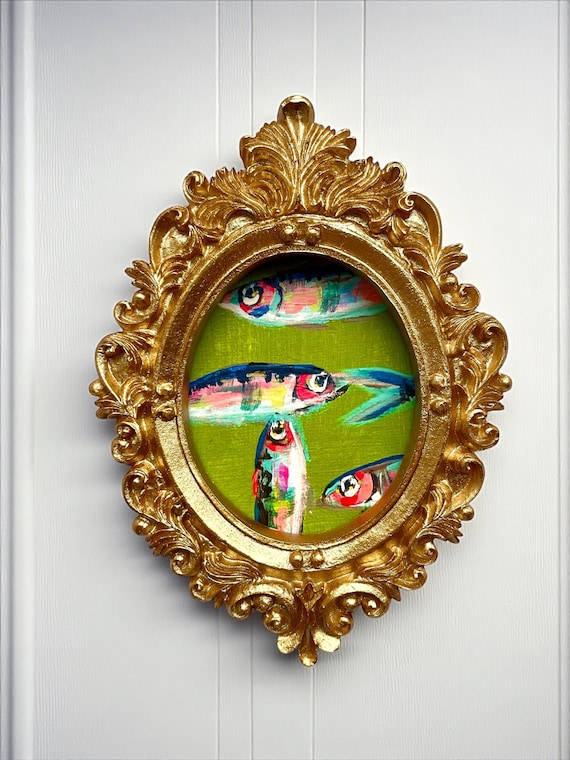 Mini Sardine Giclee Print: Whimsical Fish Painting in Gold Leaf Frame