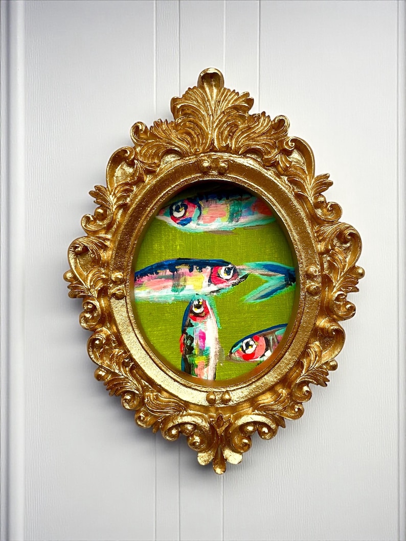 Mini Sardine Giclee Print: Whimsical Fish Painting in Gold Leaf Frame image 1