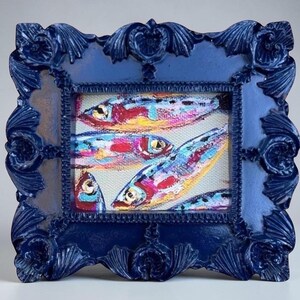 Colorful Sardine Fish Art Print • Mini Framed Giclée in Blue Ornate Frame • Coastal Kitchen Decor • Whimsical Gallery Wall Art