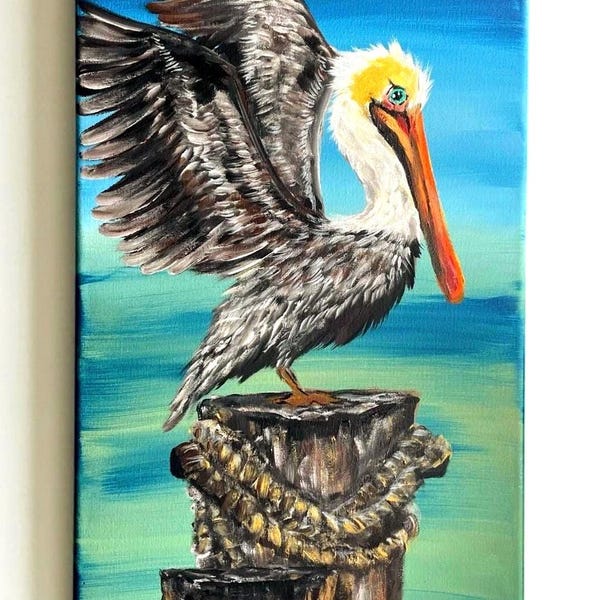 Pelikan Originalgemälde, Küstenvogelwandkunst, strukturierte Acrylozeanlandschaftsleinwand, Strandhausdekor