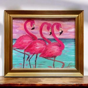Flamingo Giclée Print – 8x10 Florida Bird Wall Art | Pink Flamingos Beach Scene | Framed or Unframed Tropical Décor