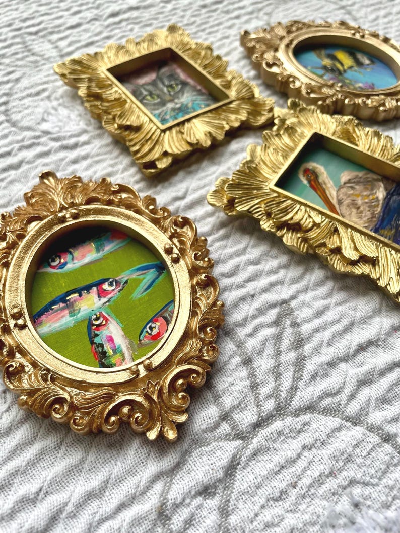 Mini Sardine Giclee Print: Whimsical Fish Painting in Gold Leaf Frame image 4