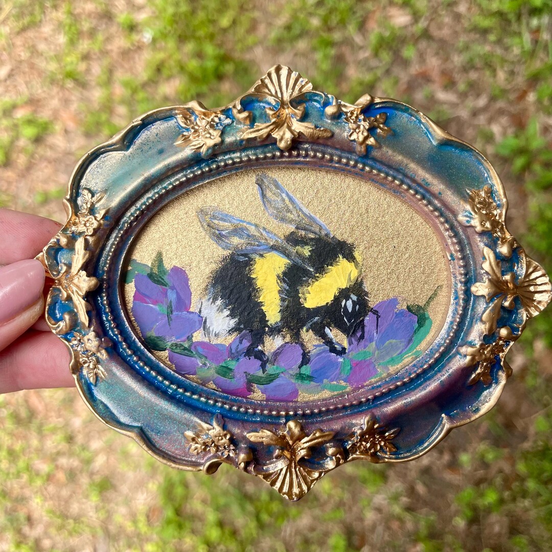 Original Bumblebee Mini Painting Framed | 14k Gold Background Art | Bee ...