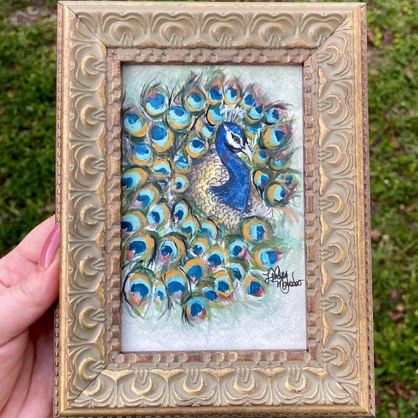 Original Pfau Aquarell Malerei, Goldakzente Vogel Kunst, gerahmt oder ungerahmt Fine Art, Mini verzierten Vintage-Rahmen, königliche Natur