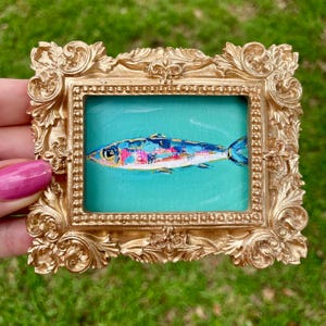 Framed Sardine Giclee Print: Whimsical Fish Art, Gold Leaf Accents