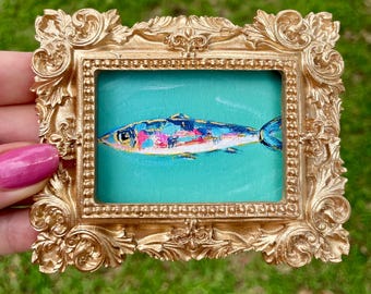 Framed Sardine Giclee Print: Whimsical Fish Art, Gold Leaf Accents