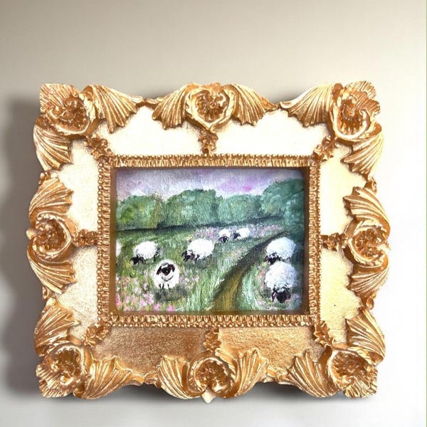 Framed Sheep Meadow Giclee Print: Vintage Gold Leaf Style Frame