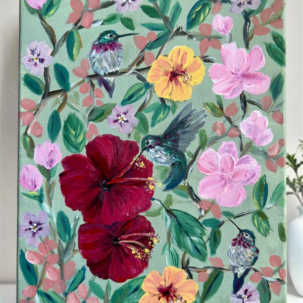 Originales Gemälde mit Kolibri und Hibiskusblüten | Annas Kolibri-Kunst | Botanisches Leinwandbild | 11x14