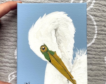 Great Egret Original Acrylic Painting on 4x5 Canvas | Mini Coastal Bird Art | Textured White Egret | Ready to Hang | Signed