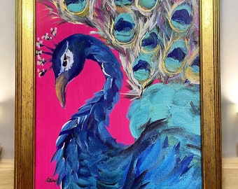 Framed Peacock Print: Gold Leaf Accents, Rustic Victorian Style, Nature Bird Gallery Wall, Whimsical Peacock Painting