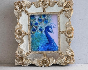 Gold Leaf Peacock Giclee Print: Mini Framed Victorian Art