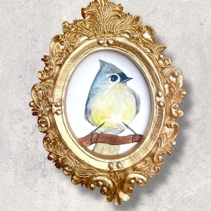 Tufted Titmouse Watercolor Print: Miniature Gold Frame, Bird Art
