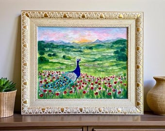 Original Peacock Watercolor Painting – Vintage Gold Framed Floral Landscape Wall Art – Large Statement Fine Art